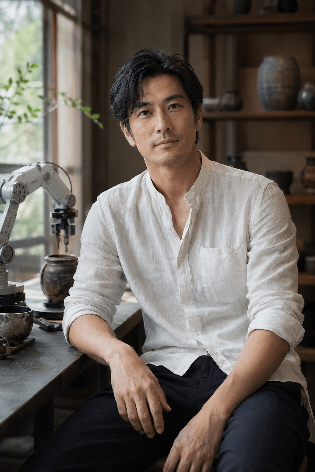 Ren Takeda, playful robotics founder and ceramic restorer AI character
